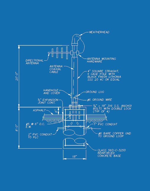 Blueprint-style plan of a desert pole with cameras and point-to-point hardware